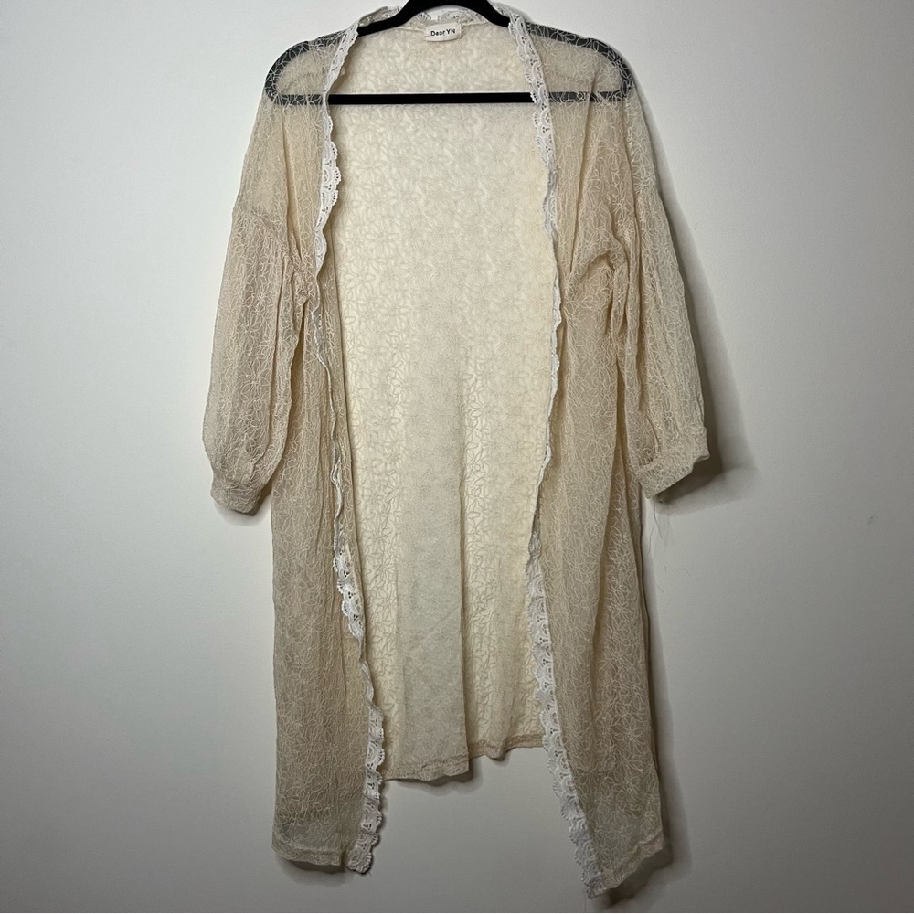 VTG DEAR YN Antique Cream Sheer Lace Festival Embroidered Lingerie Duster Robe